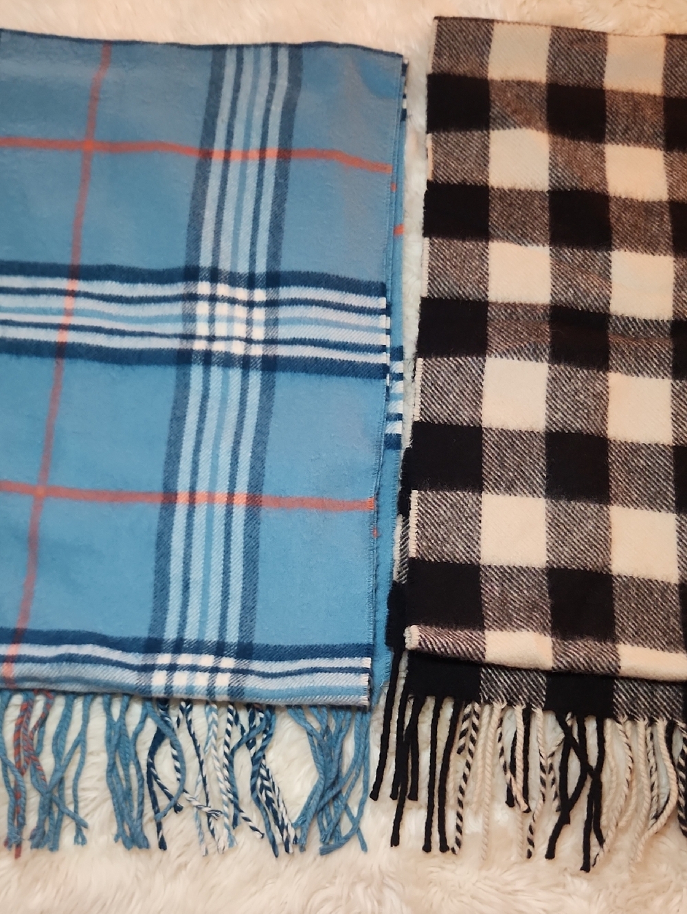 2 Plaid Fringe Scarves - Blue & Cashmere Black/White